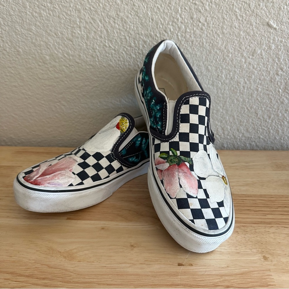 Custom painted Black and White Checkered Floral Vans